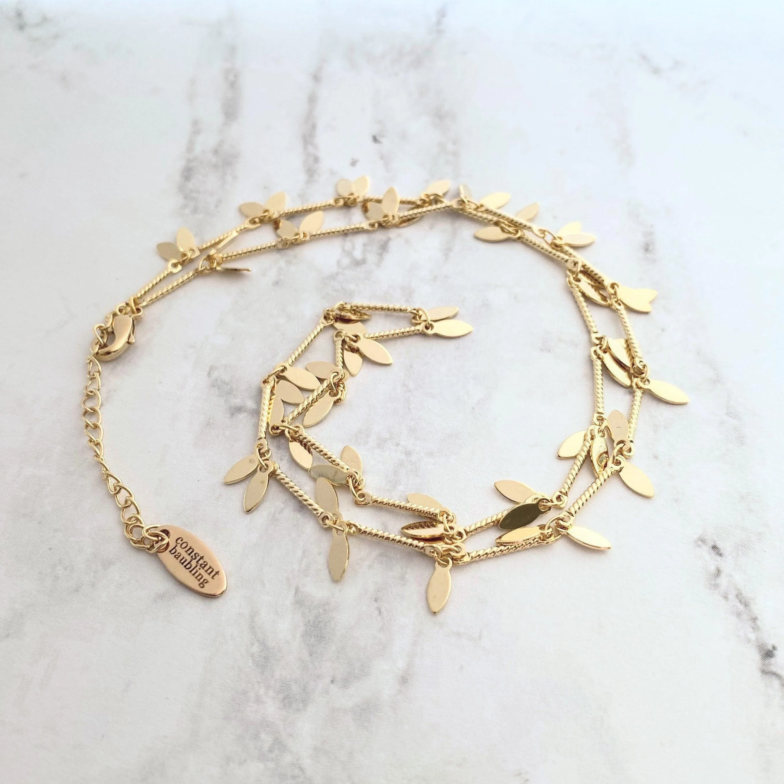 Gold Sequin Layer Necklace - tiny sparkling leaf shape charm layering chain in shiny 14K gold plate - adjustable & custom length available