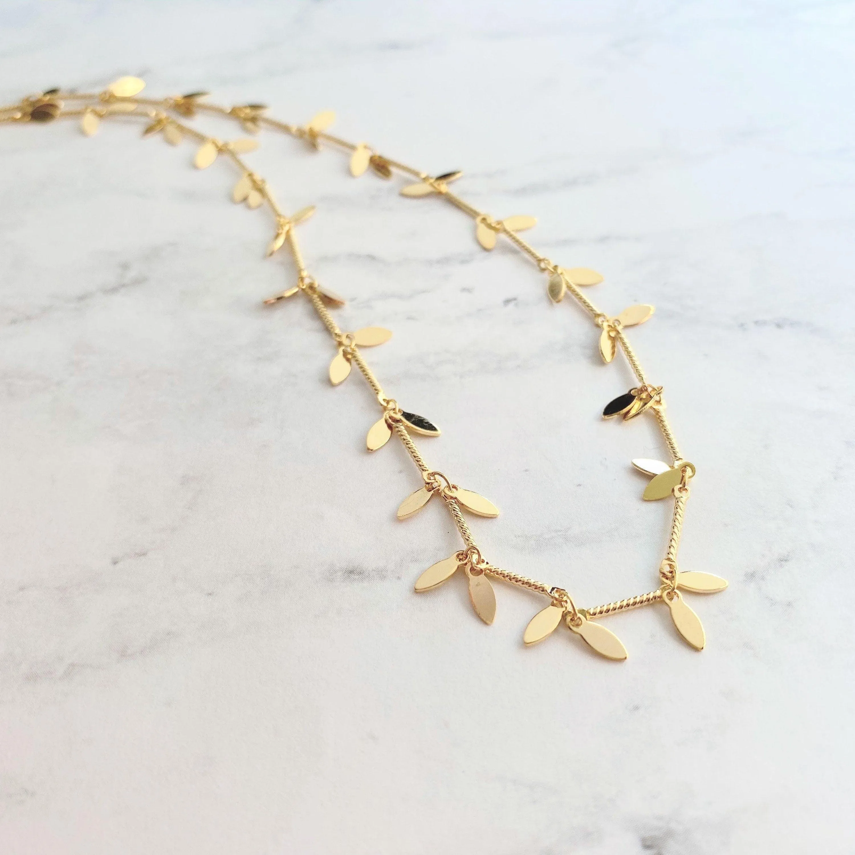 Gold Sequin Layer Necklace - tiny sparkling leaf shape charm layering chain in shiny 14K gold plate - adjustable & custom length available