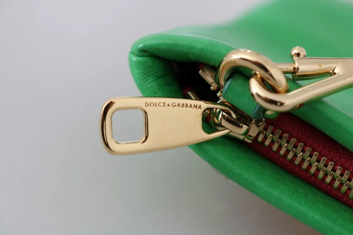 Green Leather Heart Crystal Clutch Bag