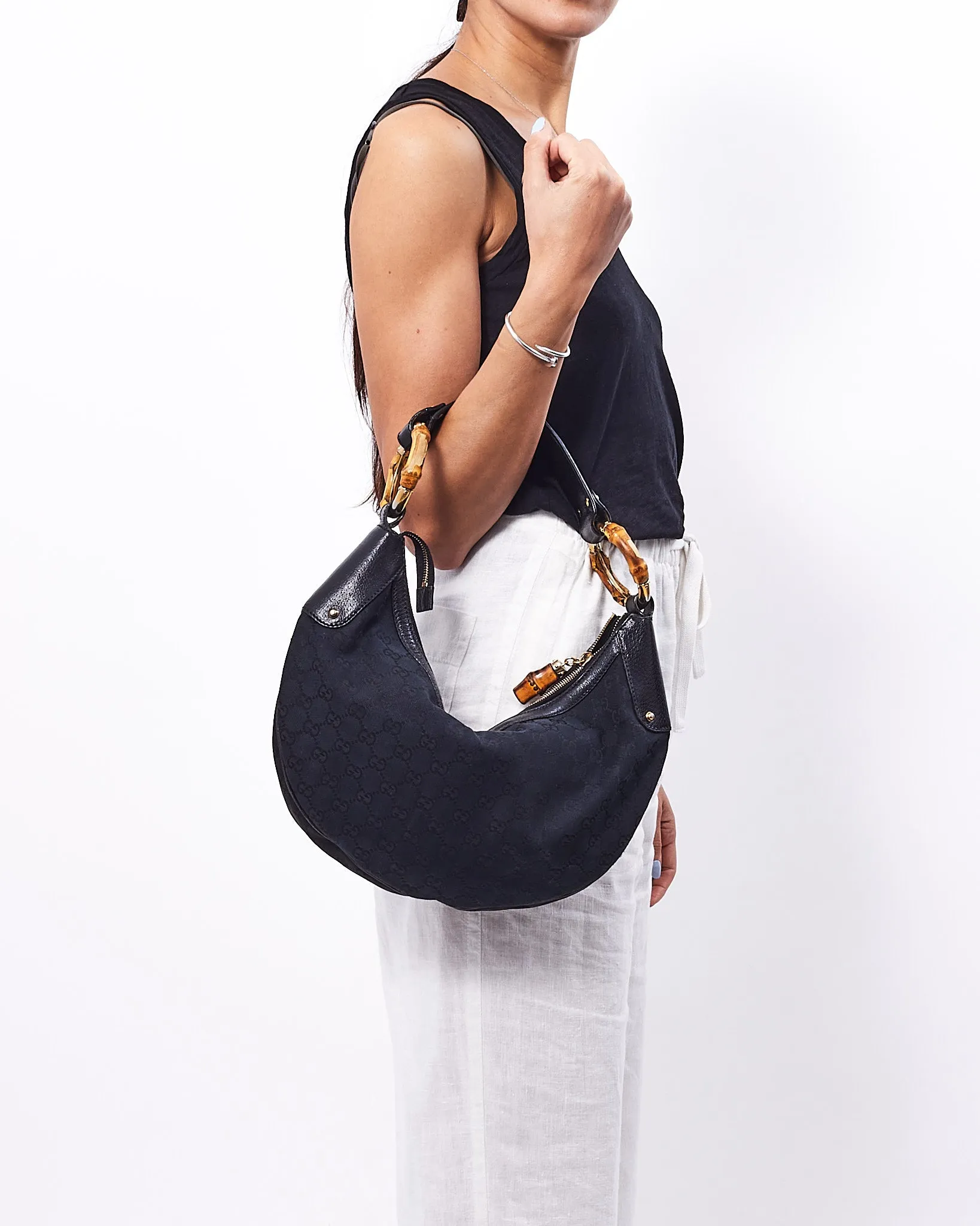 Gucci Black Canvas Guccissima Bamboo Shoulder Bag
