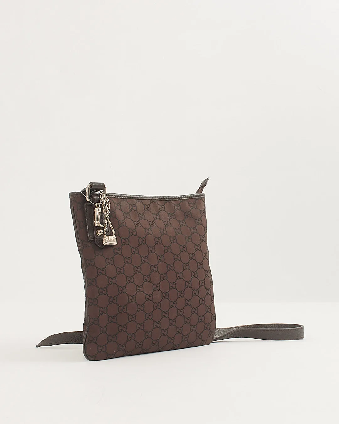 Gucci Brown Monogram Canvas Leather Trim Flat Crossbody Bag