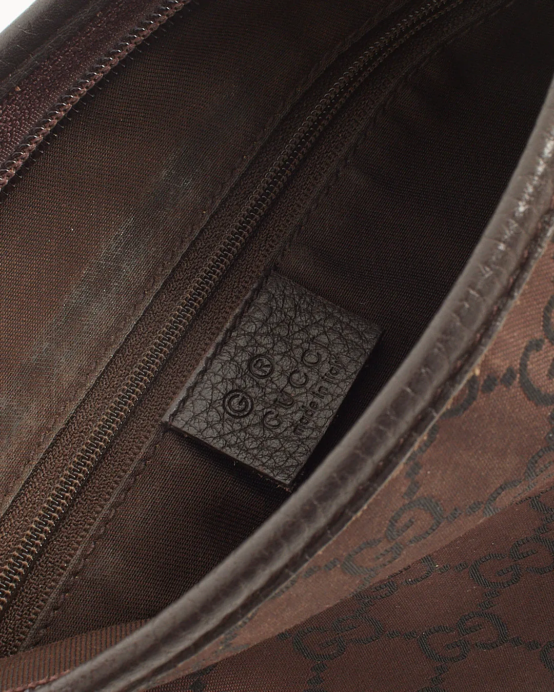 Gucci Brown Monogram Canvas Leather Trim Flat Crossbody Bag