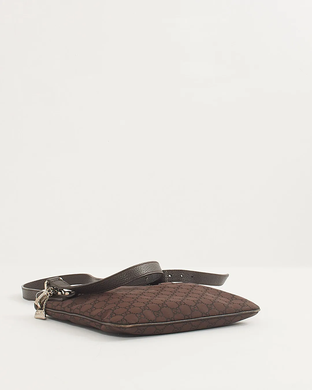 Gucci Brown Monogram Canvas Leather Trim Flat Crossbody Bag
