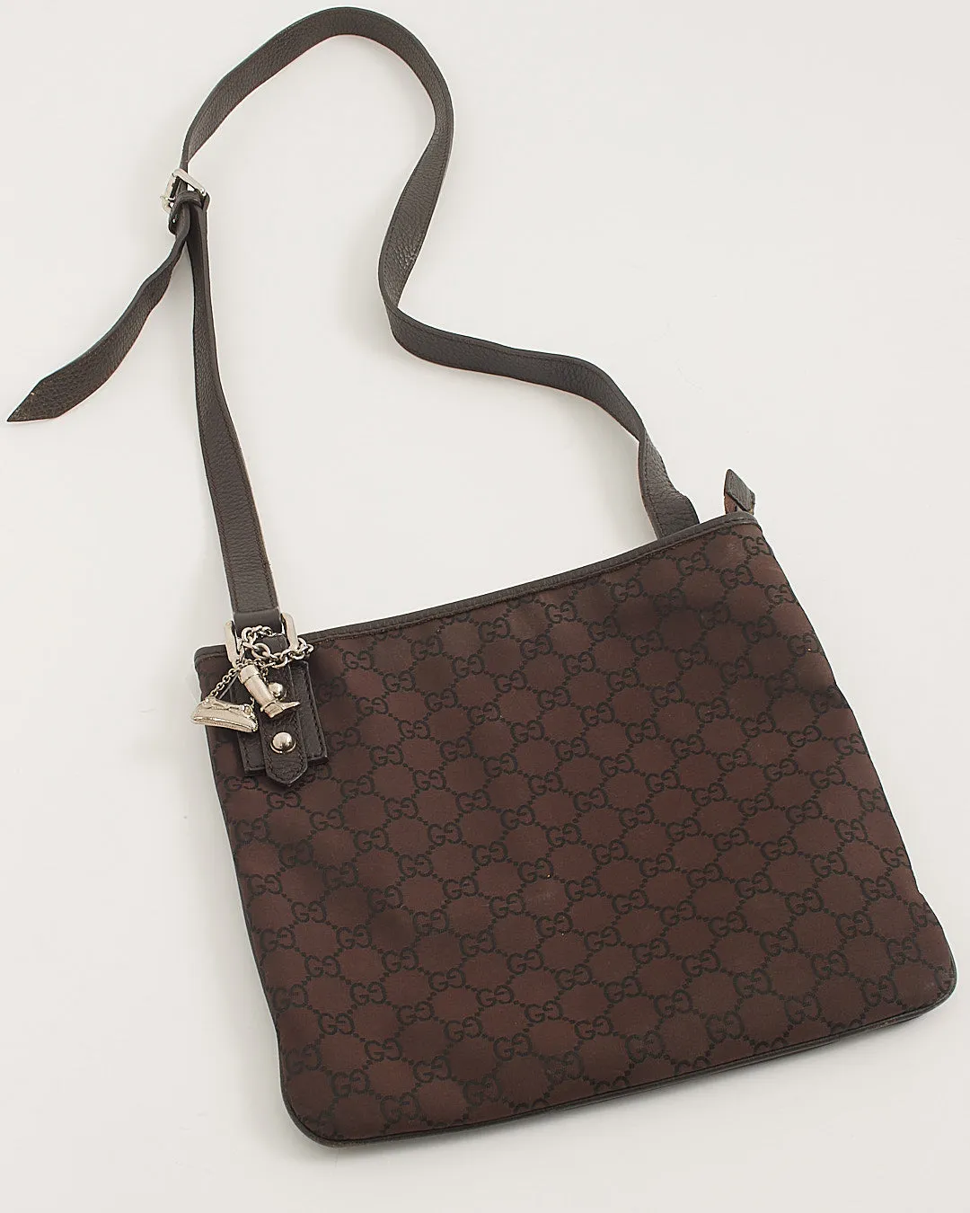 Gucci Brown Monogram Canvas Leather Trim Flat Crossbody Bag