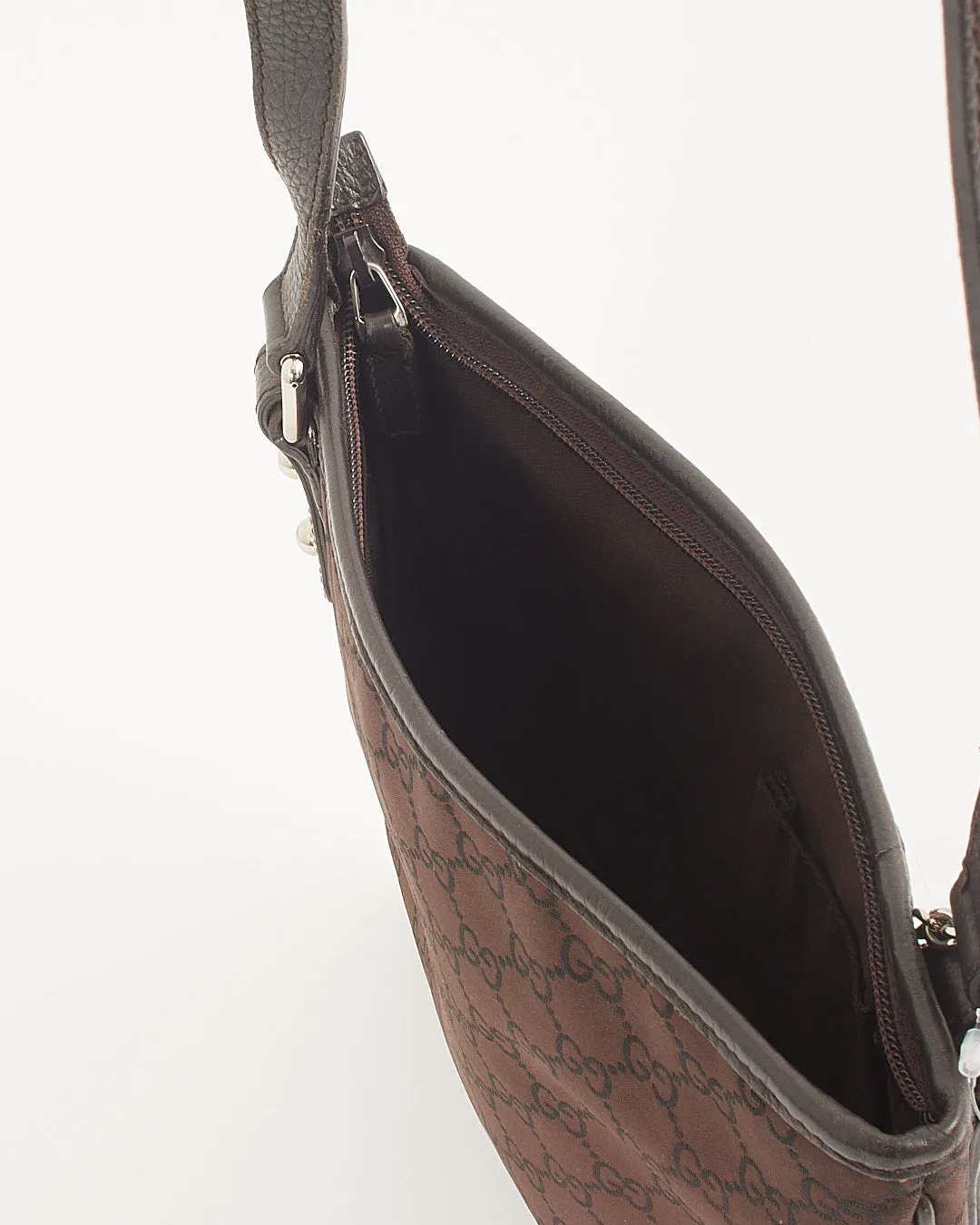 Gucci Brown Monogram Canvas Leather Trim Flat Crossbody Bag