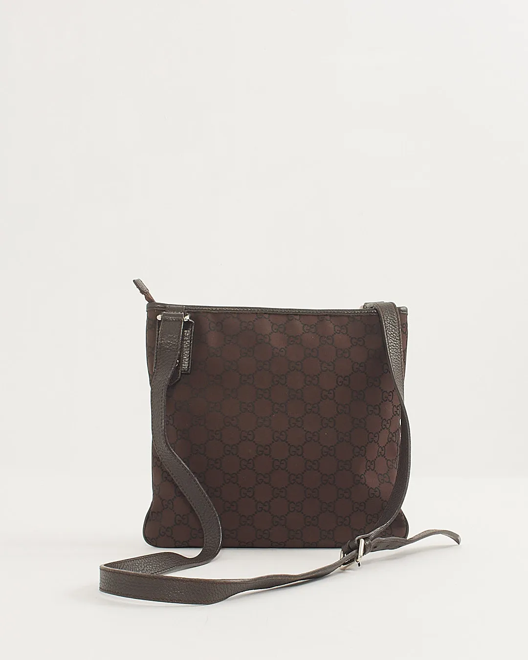 Gucci Brown Monogram Canvas Leather Trim Flat Crossbody Bag
