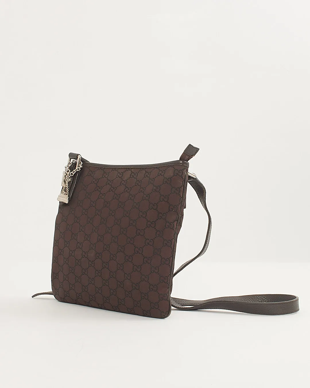 Gucci Brown Monogram Canvas Leather Trim Flat Crossbody Bag