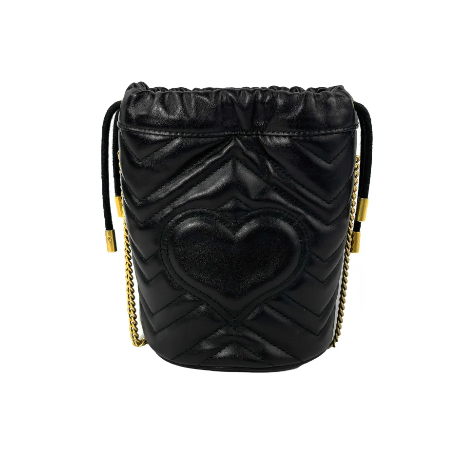 GUCCI - GG Marmont Chevron Leather Bucket Bag Mini Black / Gold Crossbody Bag