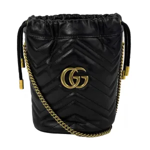 GUCCI - GG Marmont Chevron Leather Bucket Bag Mini Black / Gold Crossbody Bag