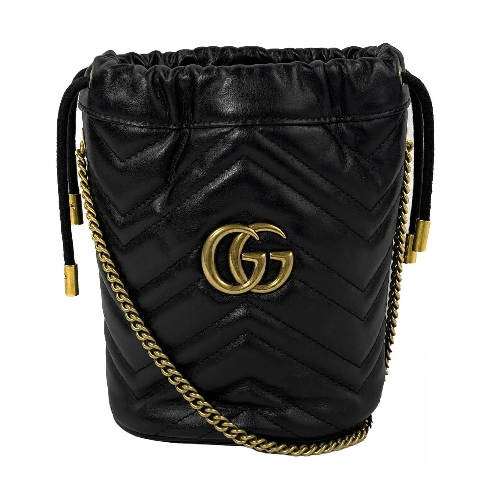 GUCCI - GG Marmont Chevron Leather Bucket Bag Mini Black / Gold Crossbody Bag