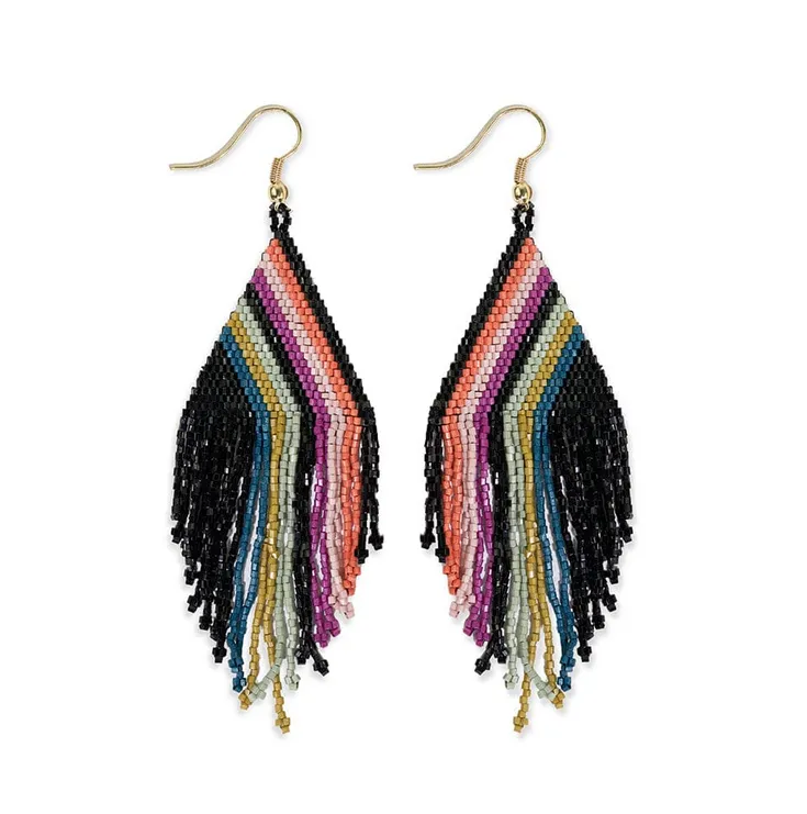 Haley Falling Lines Beaded Fringe Earrings Rainbow/Black