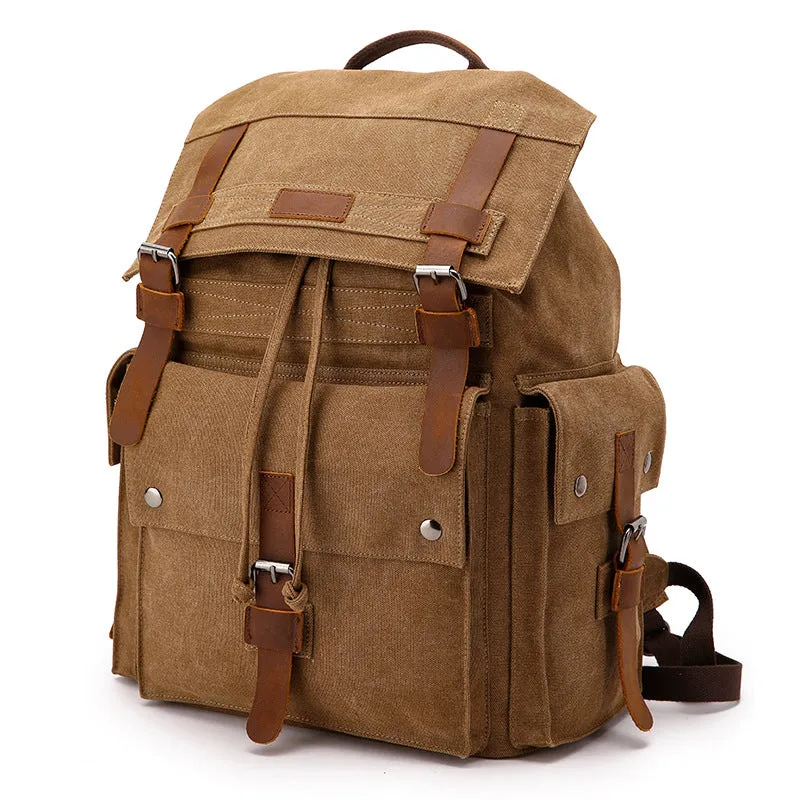 Handmade Canvas Travel Backpack Men's Canvas Leather Laptop Backpack Large Canvas Rucksack For Mens