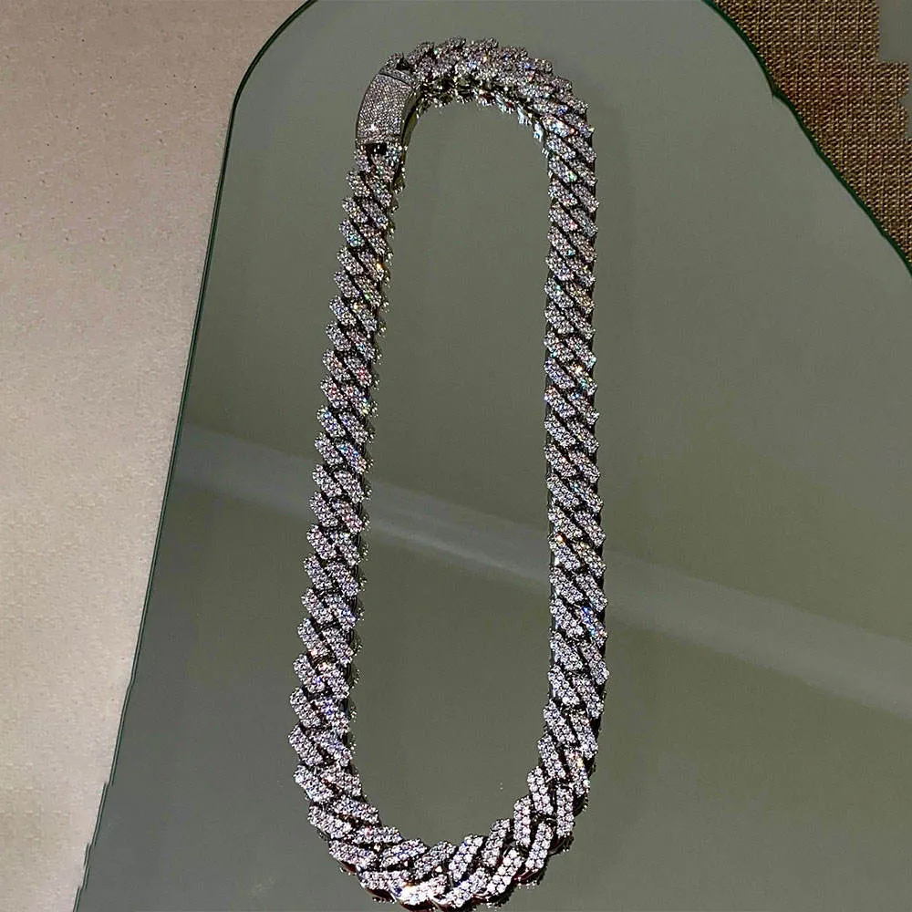 Hip Hop Jewelry 12MM White Gold Plated Iced Out Cuban Link CZ Prong Cuban Link Chain Necklace Diamond Cuban Chain