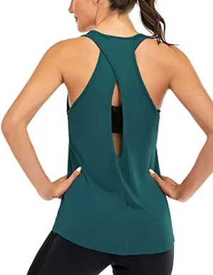 ICTIVE Womens Cross Backless Workout Tops for Women Racerback Tank Tops Open Back Running Tank Tops Muscle Tank Yoga Shirts (Dark Green)