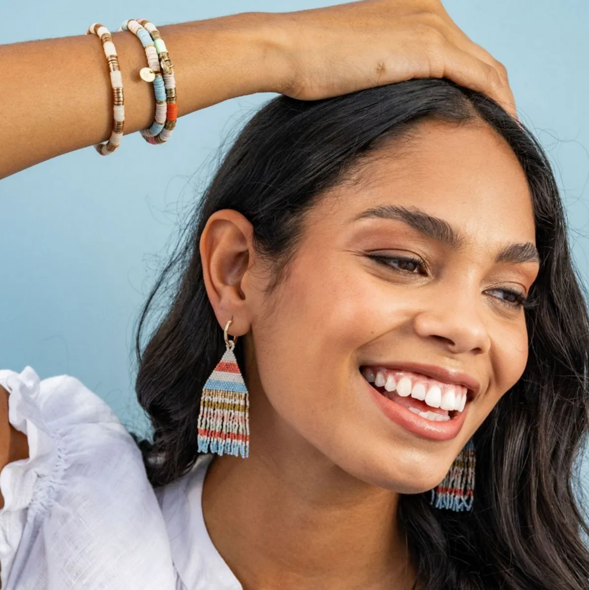 James Mini Gold Hoop Horizontal Stripes Beaded Fringe Earrings Amalfi