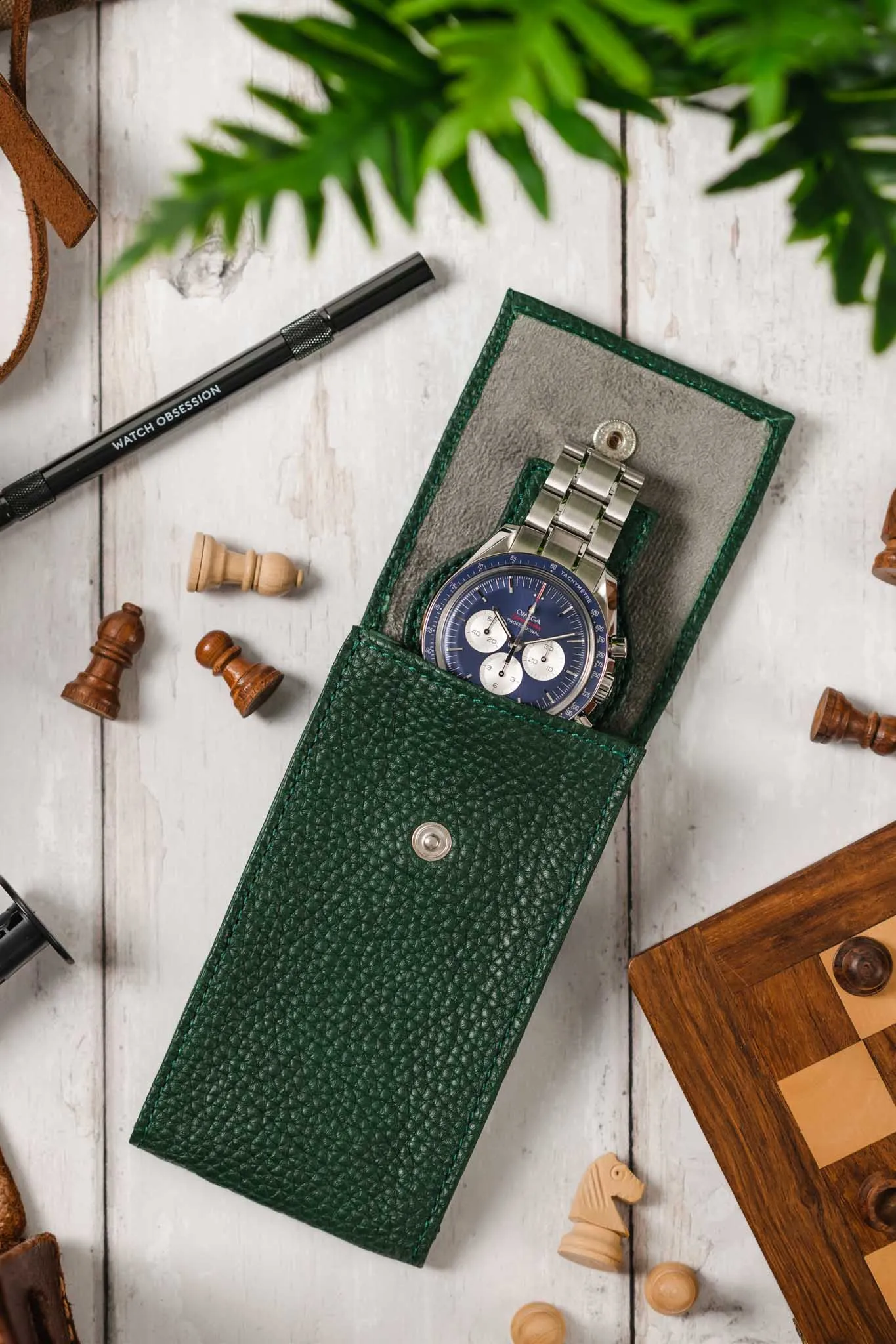 JPM Luxe Leather Watch Pouch in GREEN
