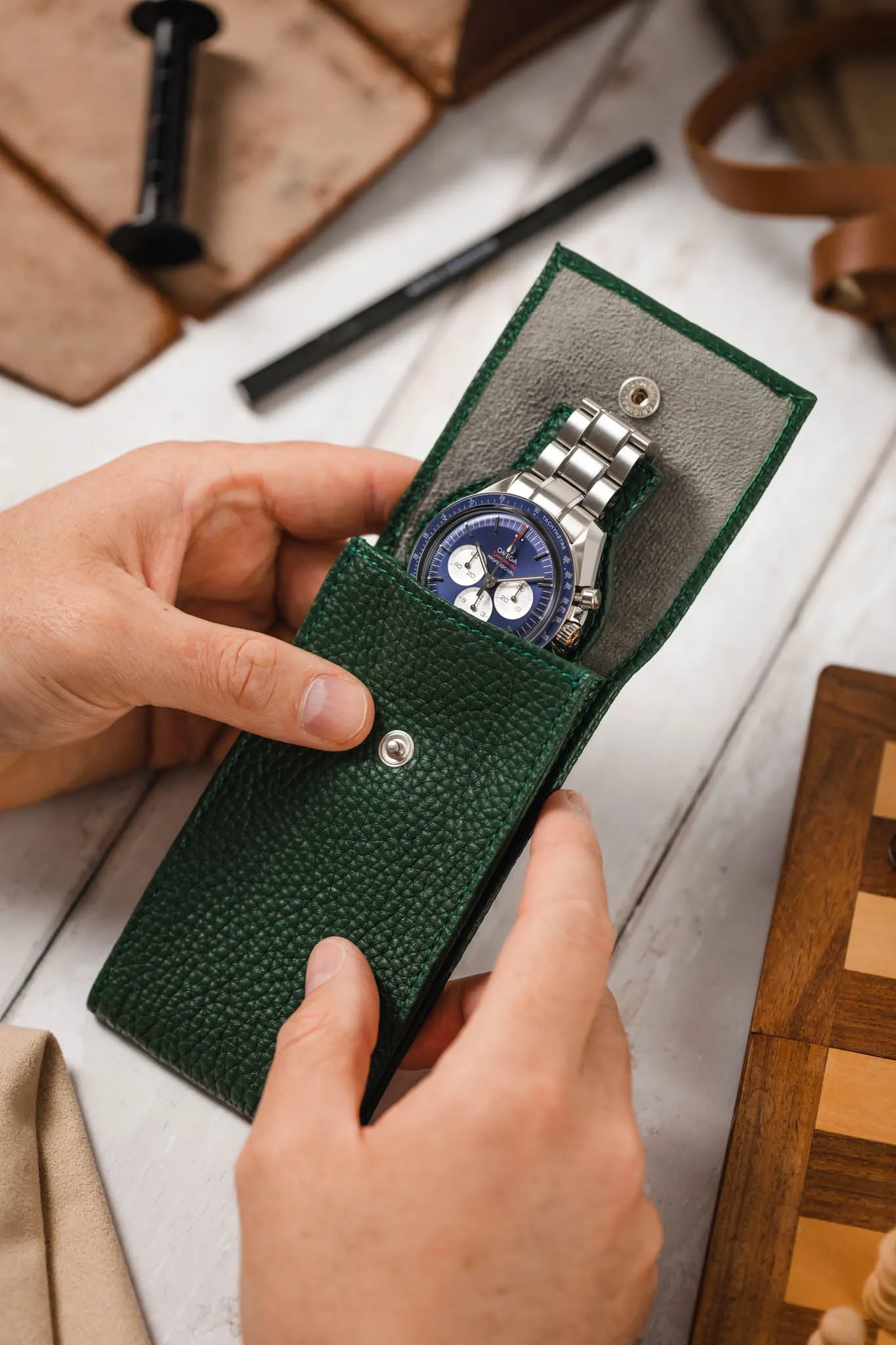 JPM Luxe Leather Watch Pouch in GREEN