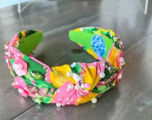 Julie Lemons and Floral Pink Pearl and Seed Beaded Top Knot Headband