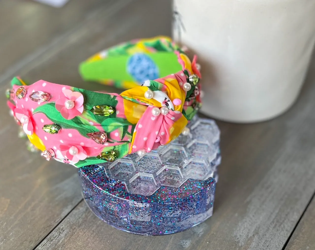 Julie Lemons and Floral Pink Pearl and Seed Beaded Top Knot Headband