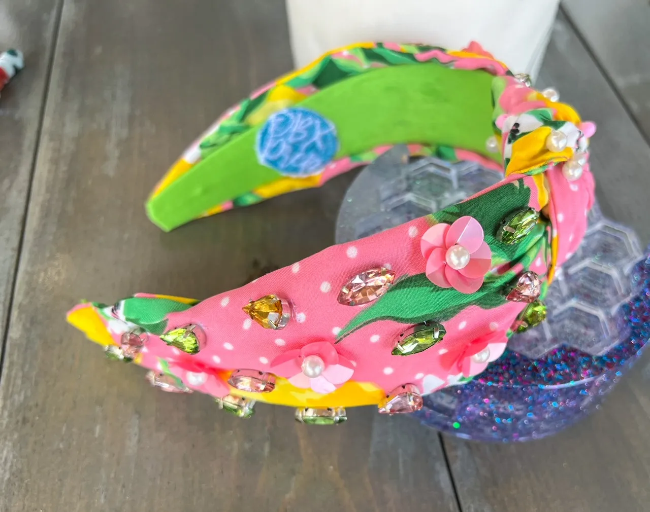 Julie Lemons and Floral Pink Pearl and Seed Beaded Top Knot Headband