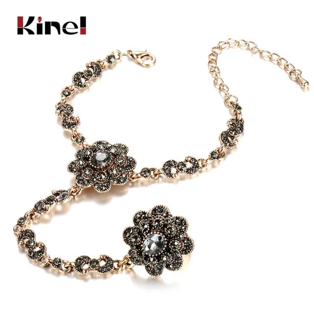 Kinel Vintage Jewelry Wholesale Blue Resin Gray Crystal Flower Bracelet For Women Antique Gold Dubai Jewelry 2017 New