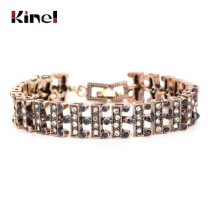 Kinel Vintage Jewelry Wholesale Blue Resin Gray Crystal Flower Bracelet For Women Antique Gold Dubai Jewelry 2017 New