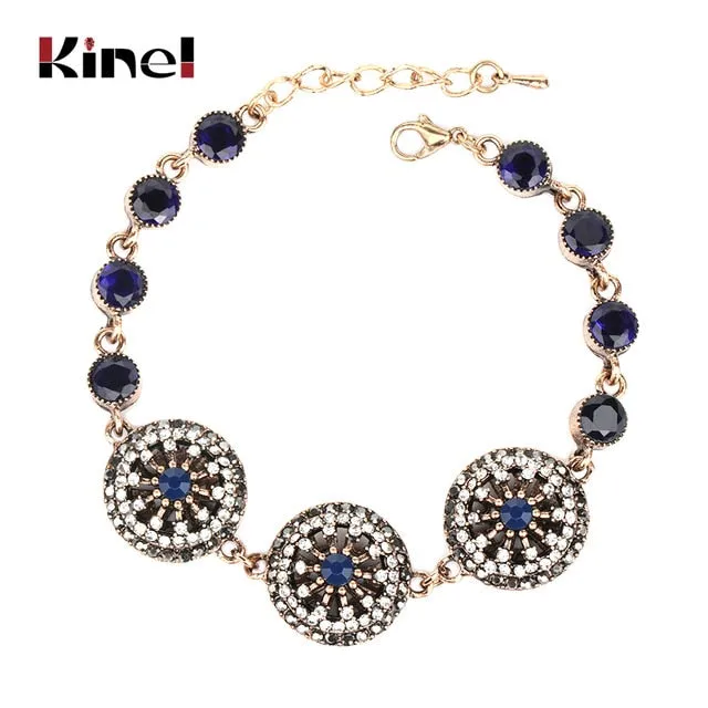 Kinel Vintage Jewelry Wholesale Blue Resin Gray Crystal Flower Bracelet For Women Antique Gold Dubai Jewelry 2017 New