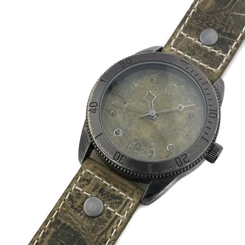 Large Green Copper Dial Watch With Leather Band