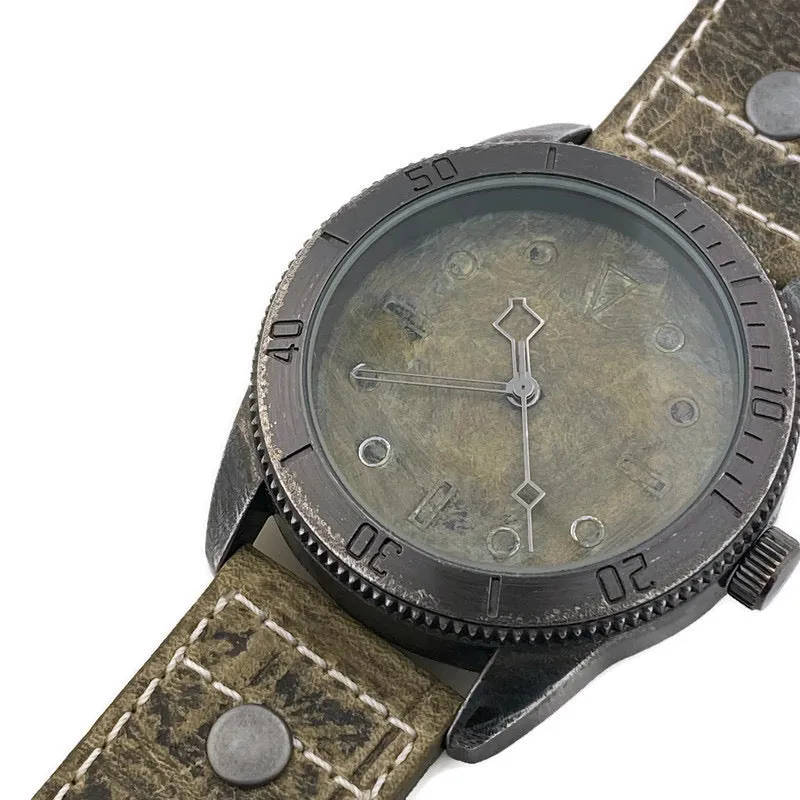 Large Green Copper Dial Watch With Leather Band