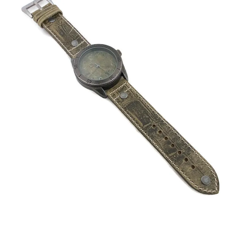 Large Green Copper Dial Watch With Leather Band