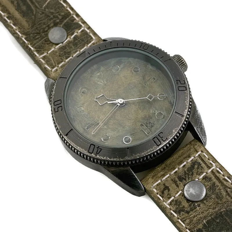 Large Green Copper Dial Watch With Leather Band