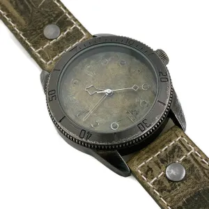 Large Green Copper Dial Watch With Leather Band