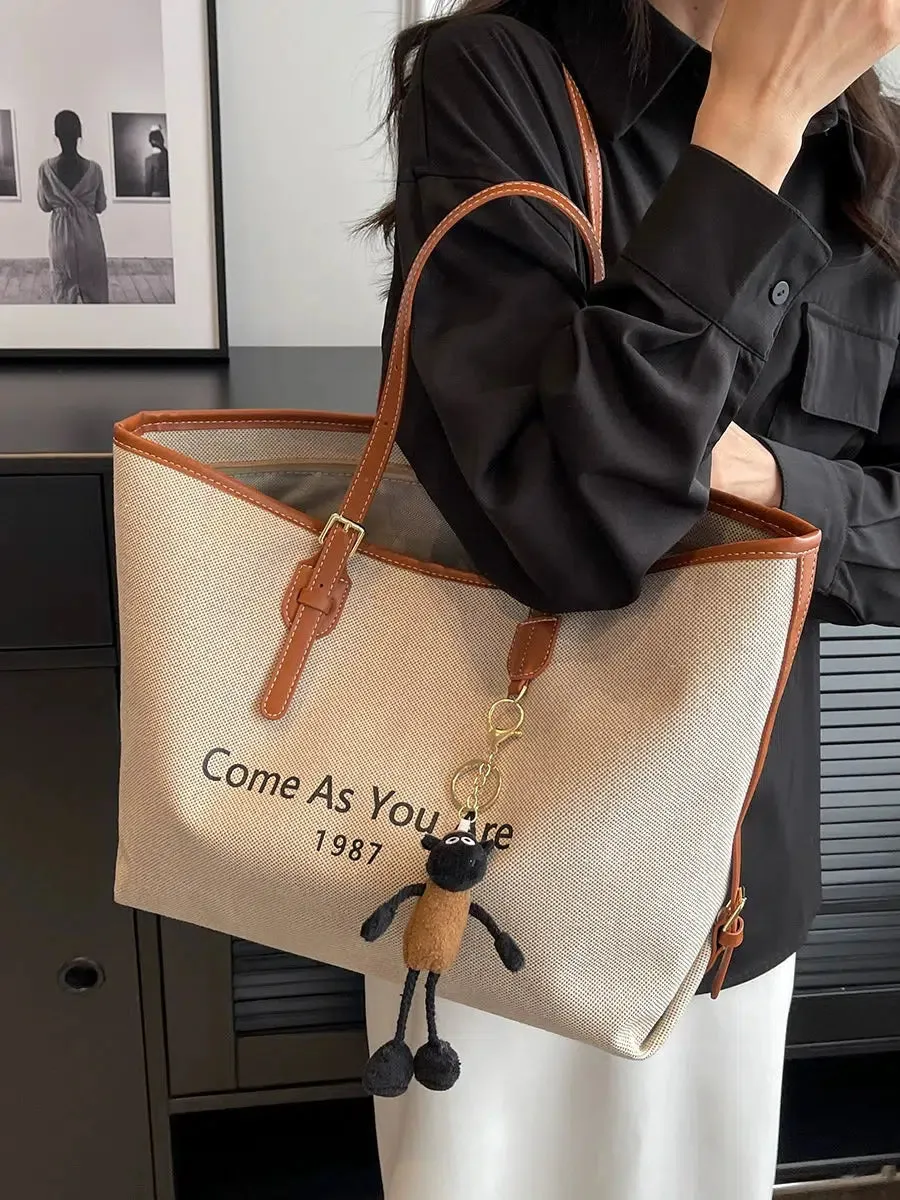 Leather Straps Canvas Tote Bag
