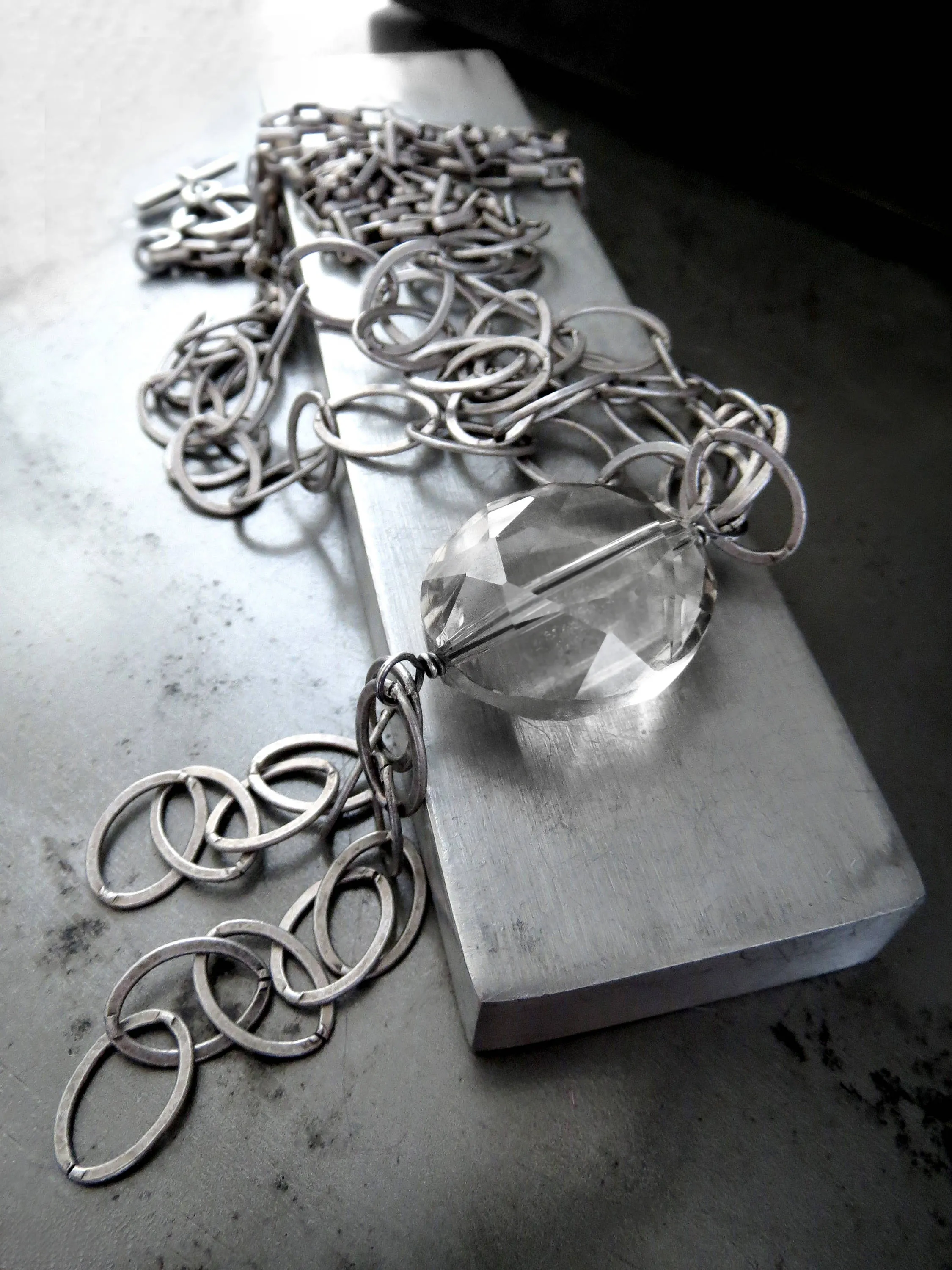 Long Geometric Necklace with Oval Clear Crystal Pendant