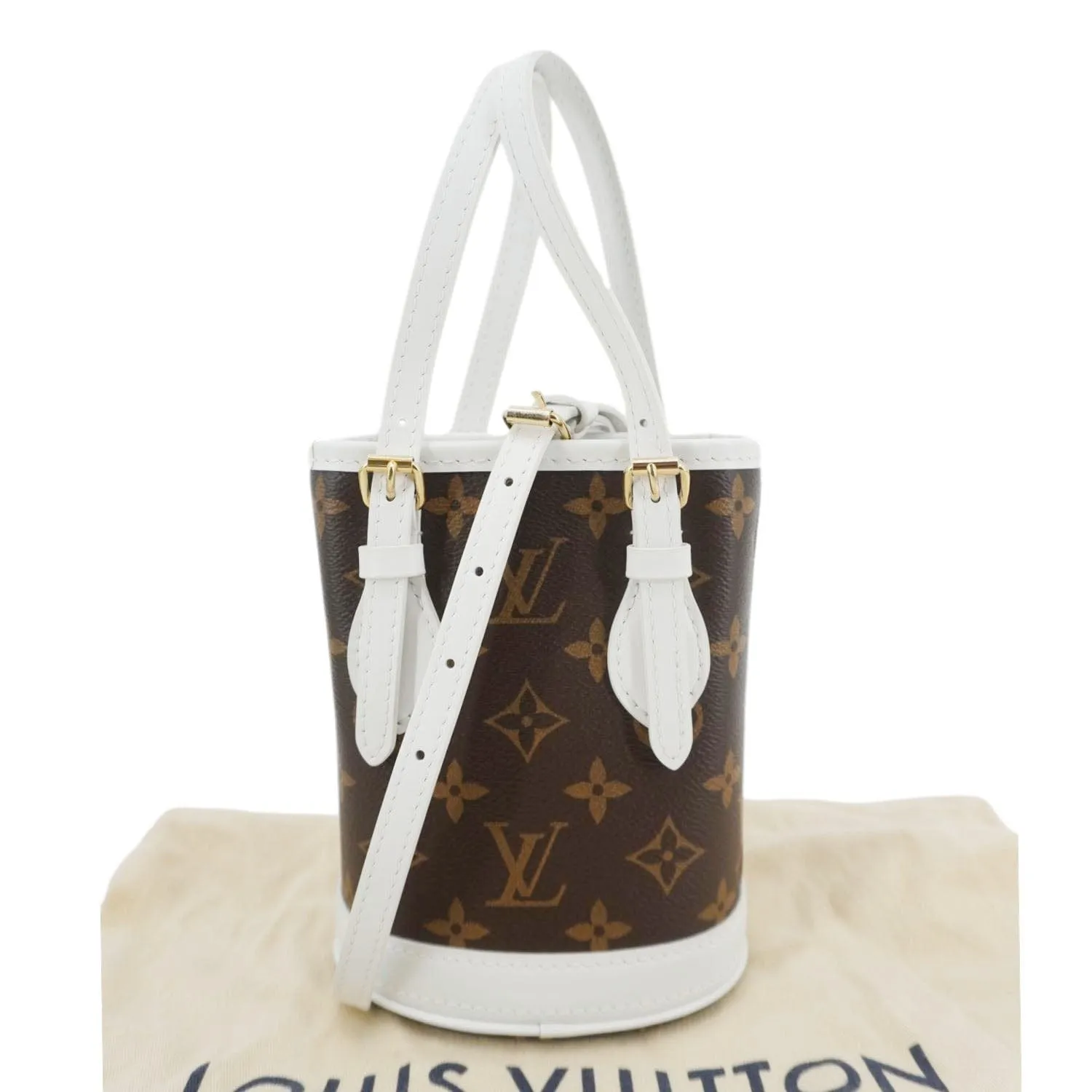 LOUIS VUITTON  Nano Bucket Monogram Canvas Crossbody Bag White