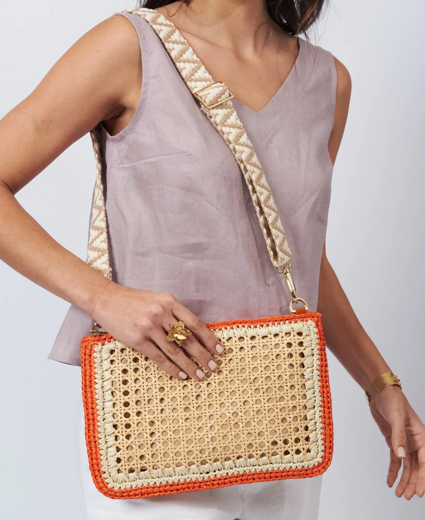 Luisa Rattan and Raffia Clutch and Crossbody Bag - orange