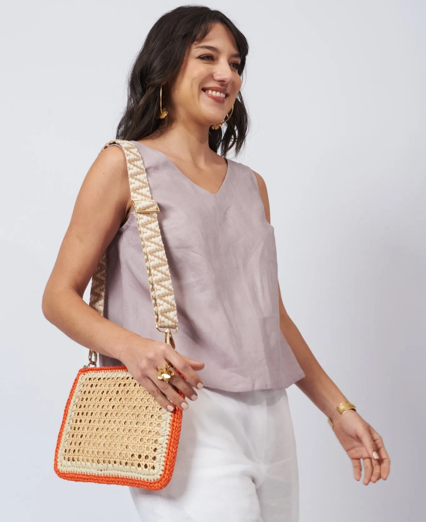 Luisa Rattan and Raffia Clutch and Crossbody Bag - orange