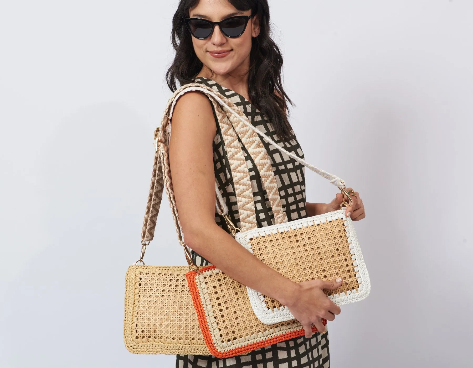 Luisa Rattan and Raffia Clutch and Crossbody Bag - orange