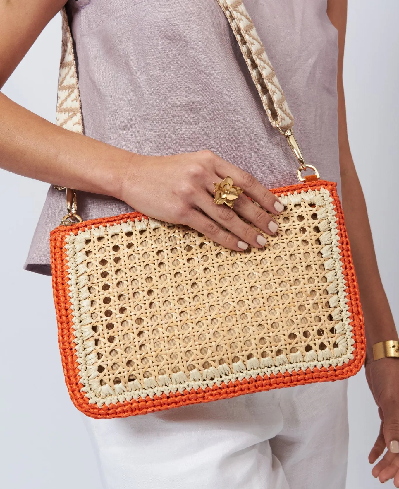 Luisa Rattan and Raffia Clutch and Crossbody Bag - orange