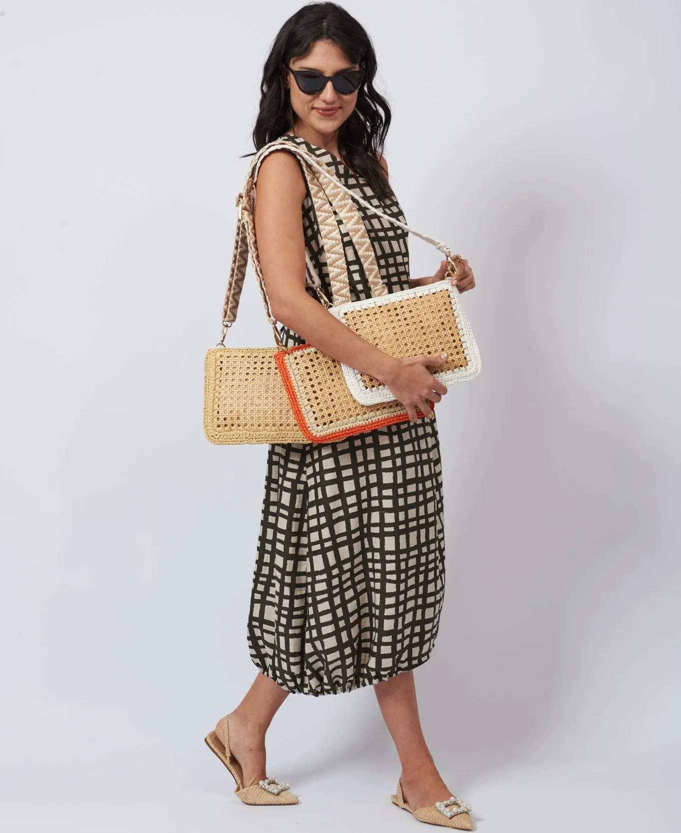 Luisa Rattan and Raffia Clutch and Crossbody Bag - orange
