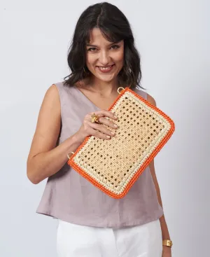 Luisa Rattan and Raffia Clutch and Crossbody Bag - orange