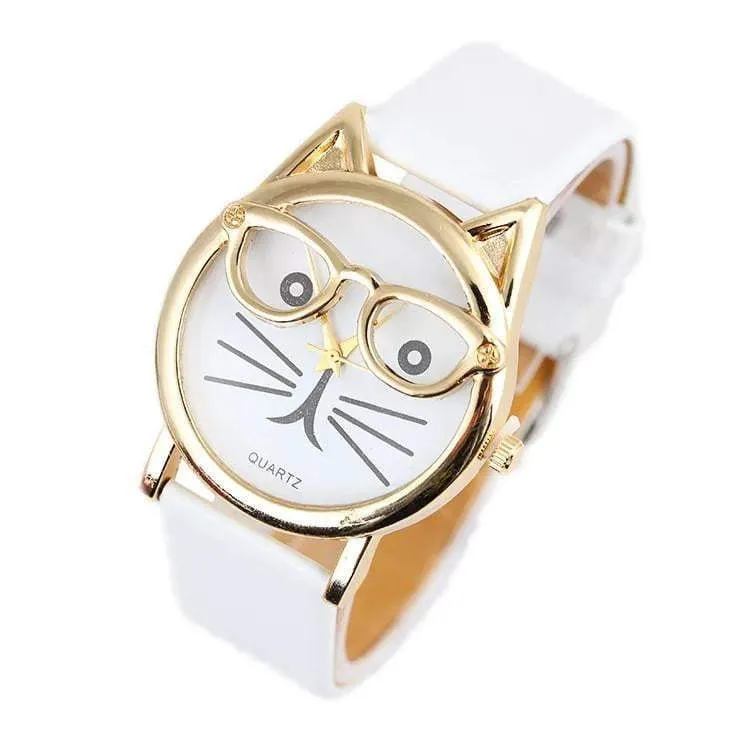 Luxury Brand Women Clock Cute Glasses Cat Women Watches