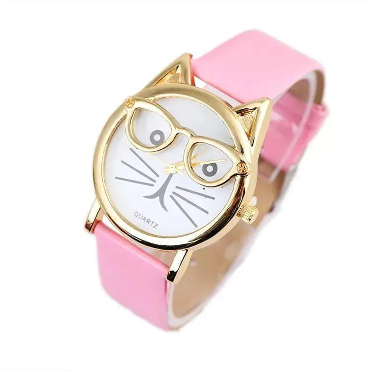 Luxury Brand Women Clock Cute Glasses Cat Women Watches