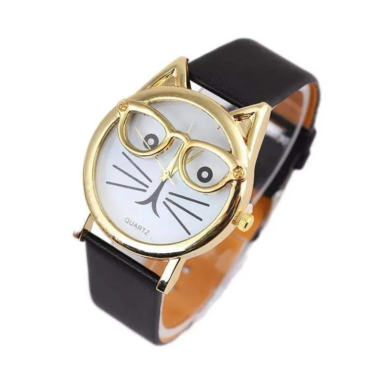 Luxury Brand Women Clock Cute Glasses Cat Women Watches