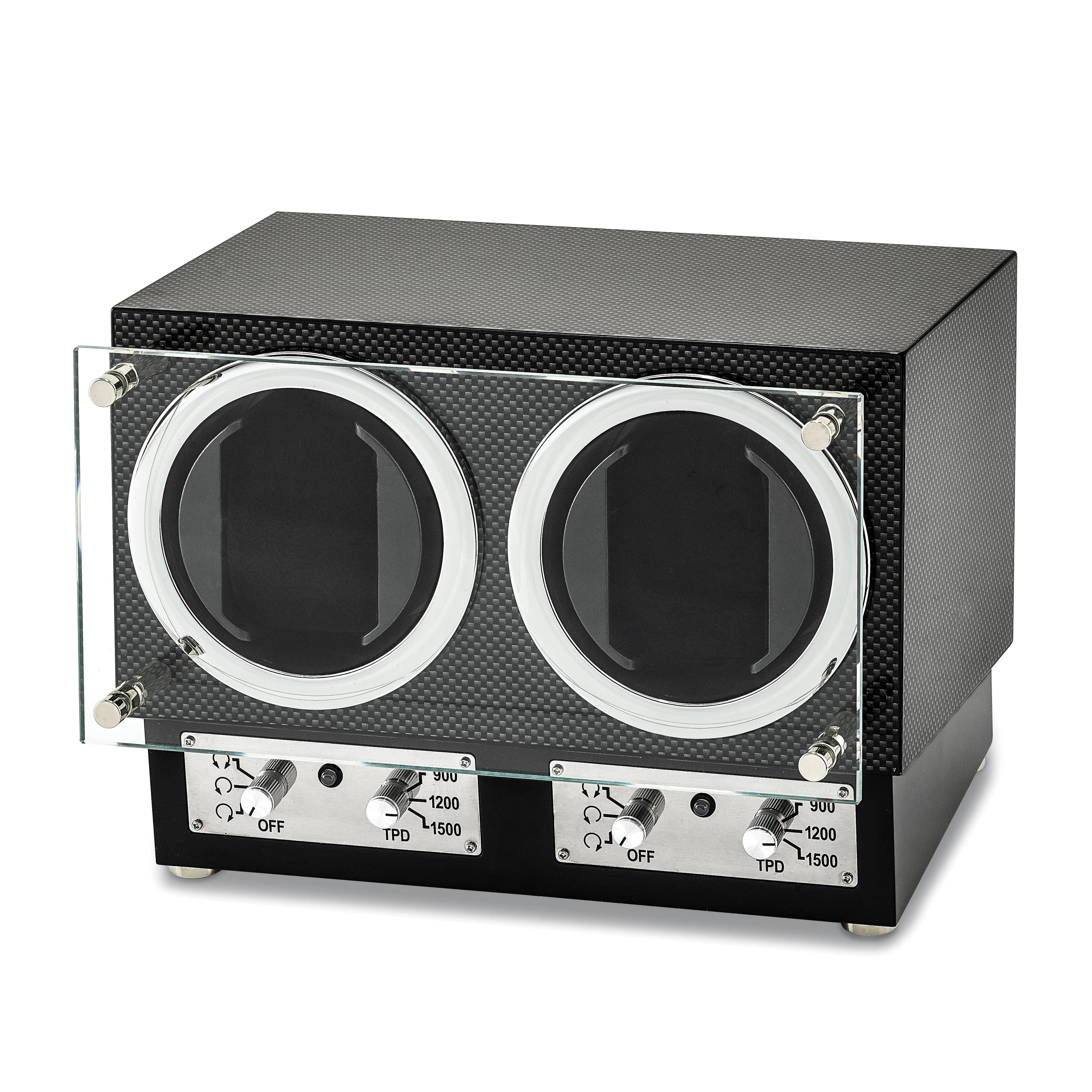 Luxury Giftware Engravable High Gloss Carbon Fiber Finish Glass Door Dual Watch Winder.