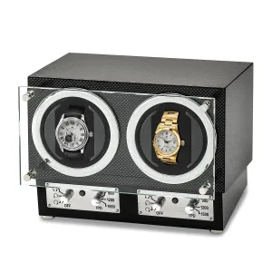 Luxury Giftware Engravable High Gloss Carbon Fiber Finish Glass Door Dual Watch Winder.