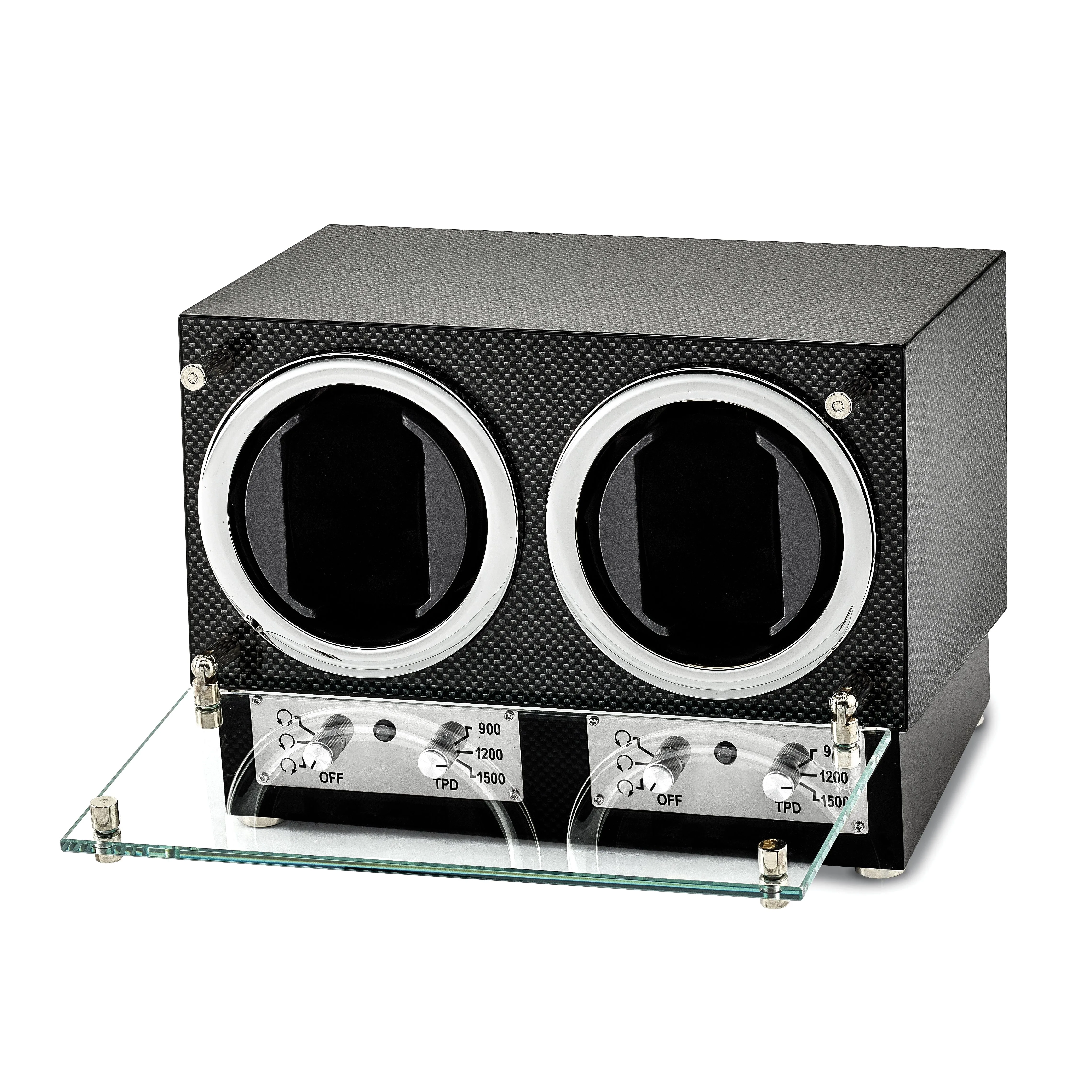 Luxury Giftware Engravable High Gloss Carbon Fiber Finish Glass Door Dual Watch Winder.