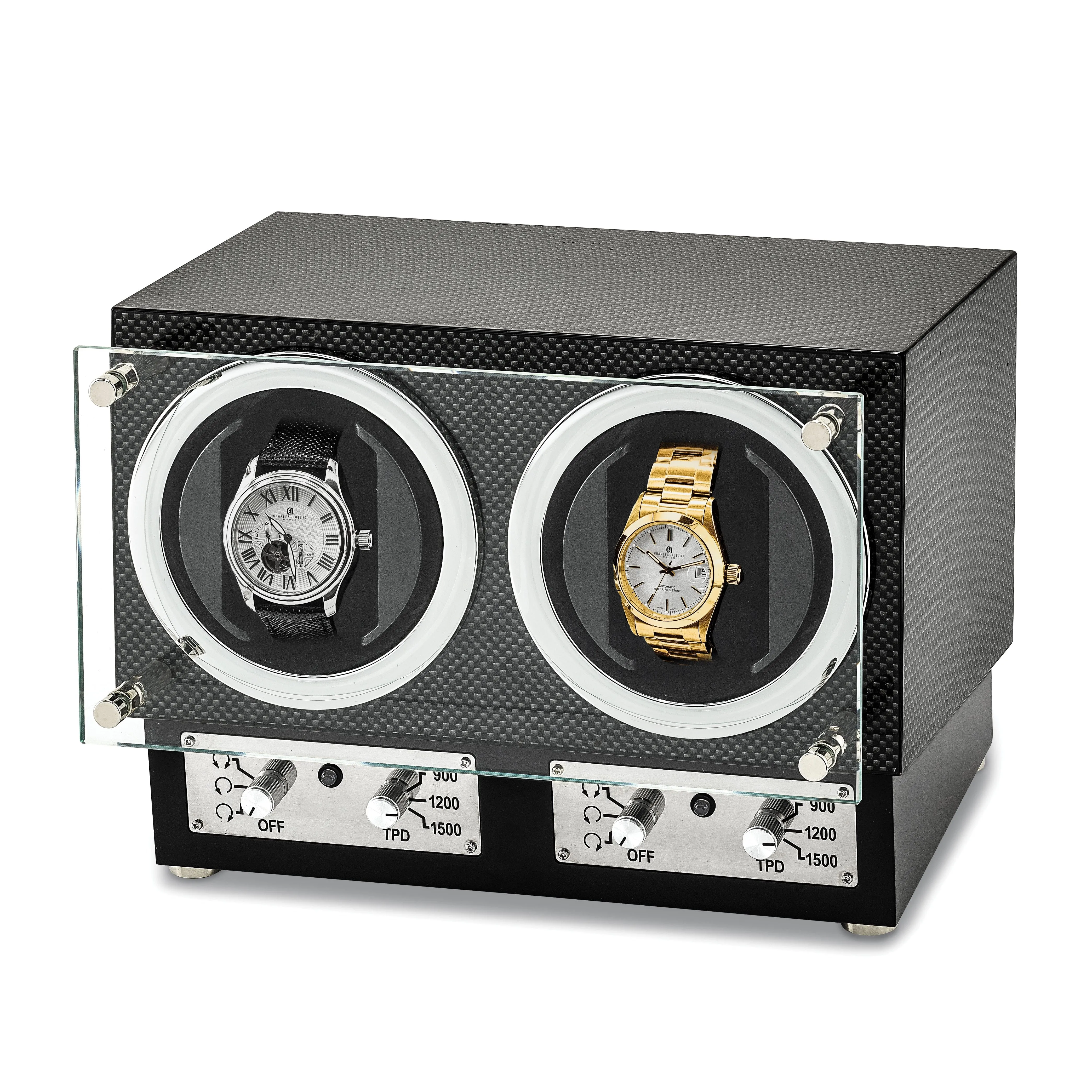 Luxury Giftware Engravable High Gloss Carbon Fiber Finish Glass Door Dual Watch Winder.