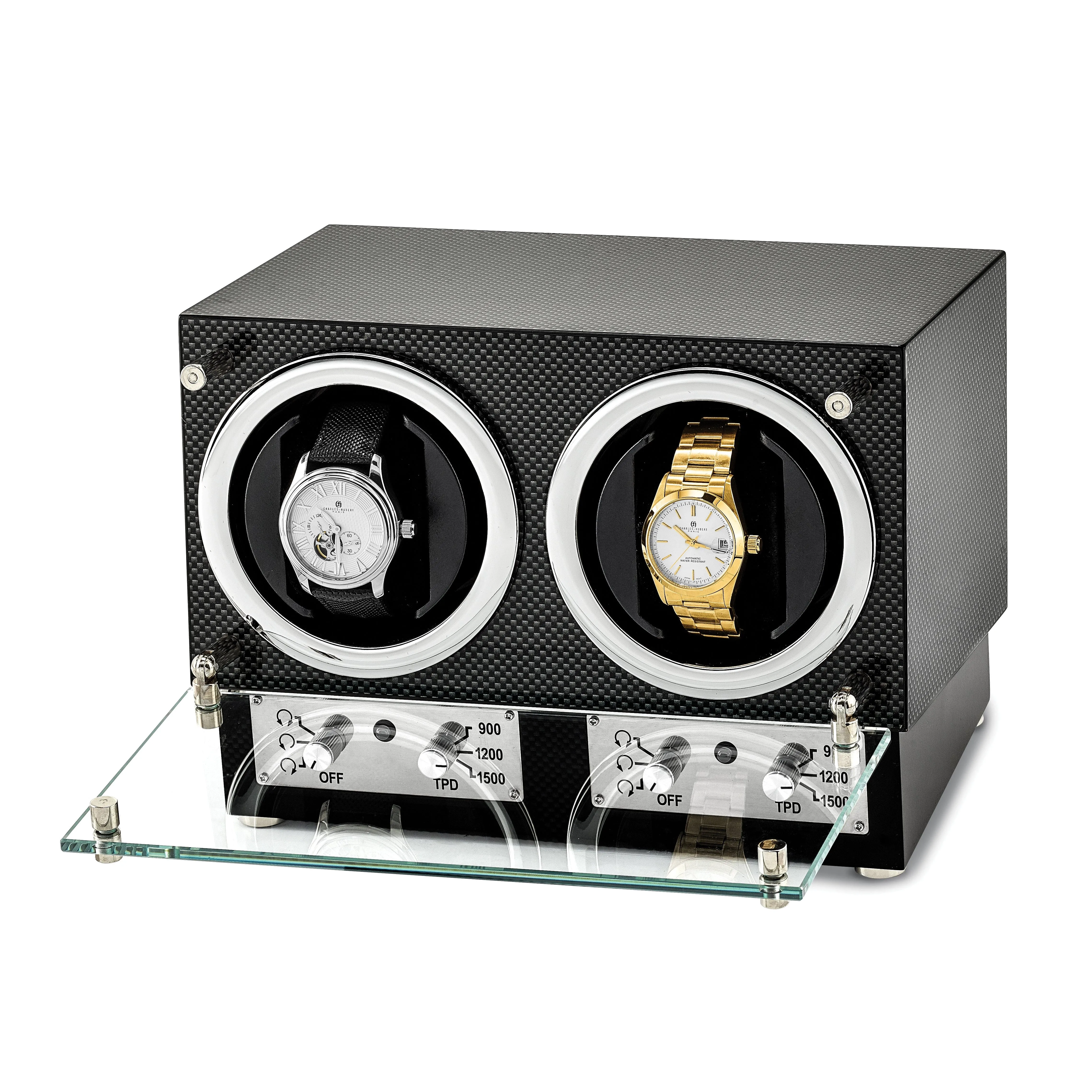 Luxury Giftware Engravable High Gloss Carbon Fiber Finish Glass Door Dual Watch Winder.