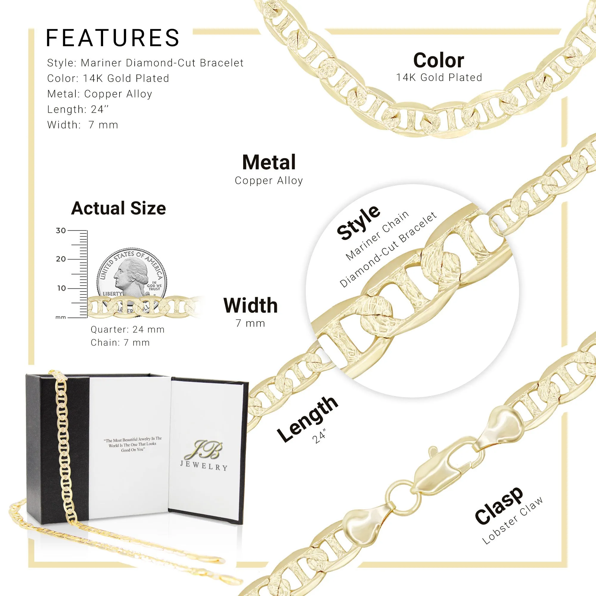 Mariner Diamond-Cut Chain 14K Gold Filled Bracelet 8.5" Lobster Claw Clasp Jewelry Gift for Men 7 mm